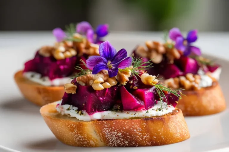 Beetroot and Goat Cheese Crostini served on marble countertop