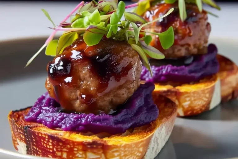 Glazed Beef Meatball on Purple Yam Purée and Toasted Baguette appetizer.
