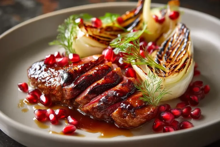 Roast Duck with Pomegranate Molasses and Grilled Fennel on a marble table.
