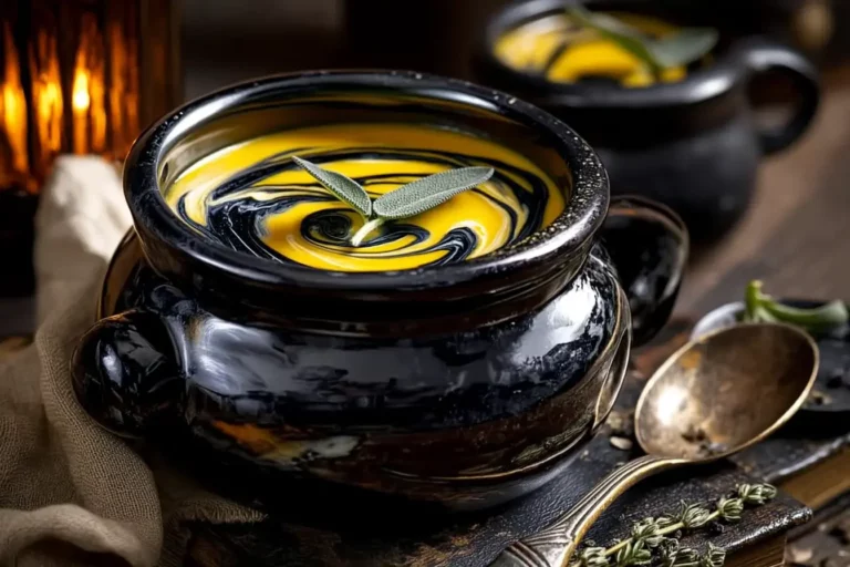 Pumpkin cauldron soup with charcoal swirl and sage leaves on marble counter.