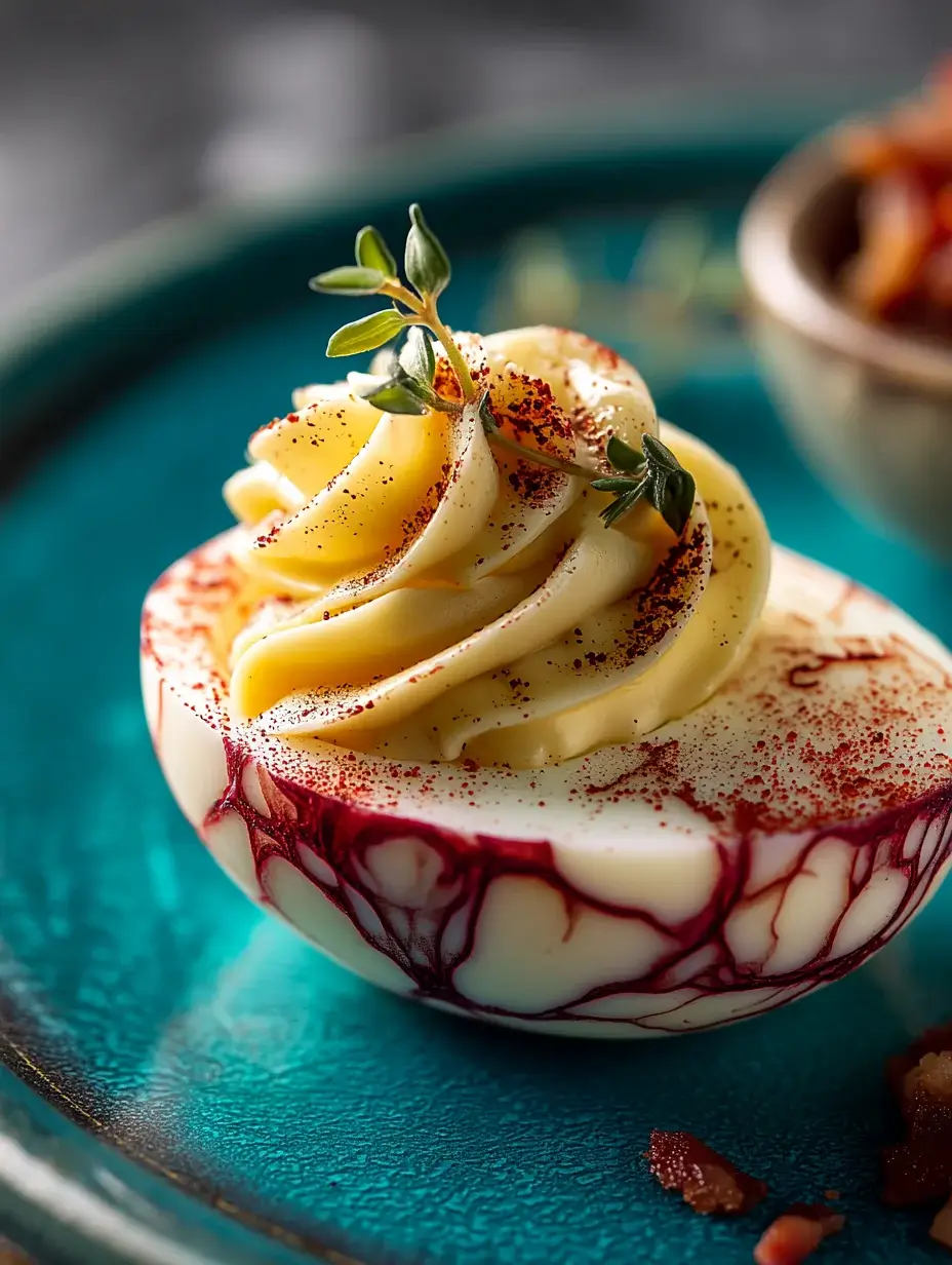Filling marbled deviled eggs with yolk mixture
