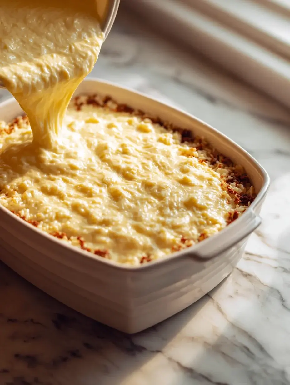 Pouring uncooked hamburger rice casserole mixture into white baking dish.