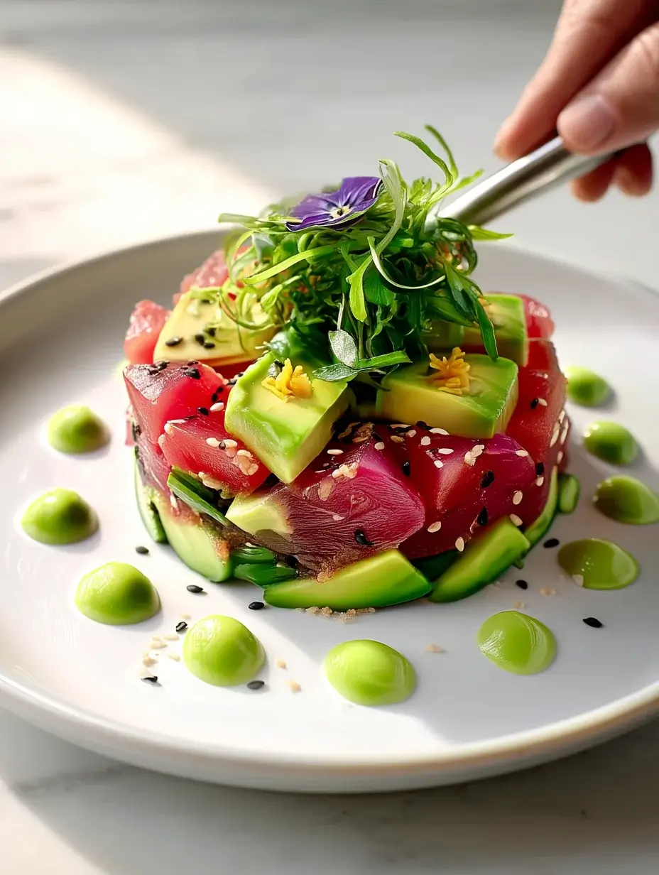 Deconstructed tartare arrangement with avocado and tuna cubes on greens