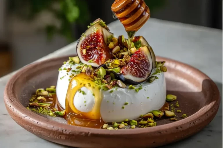 Burrata with roasted figs, honey gel, and pistachio dust served on marble.