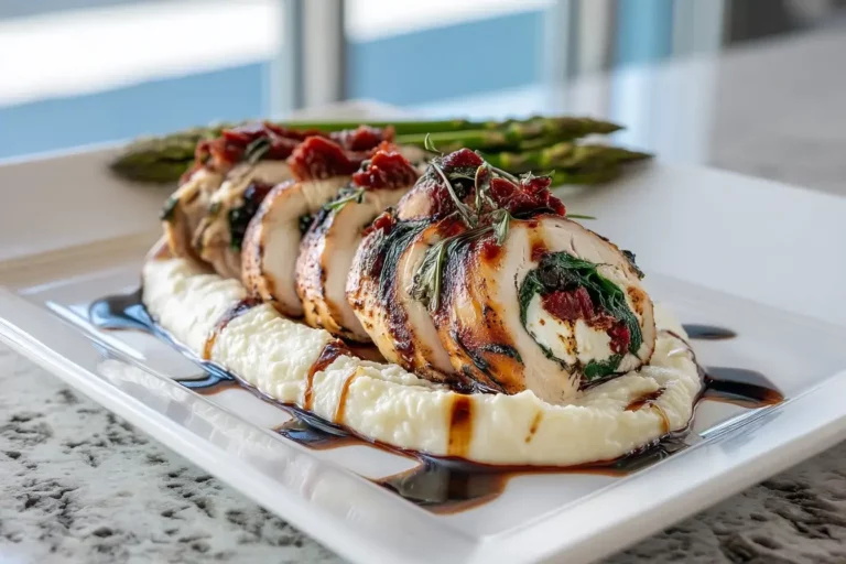 Chicken Roulade with cauliflower purée and balsamic drizzle