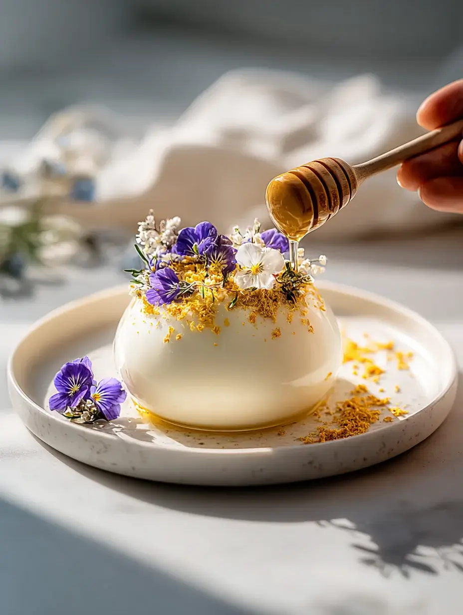Garnishing Ricotta Lemon Cloud with bee pollen and edible flowers.