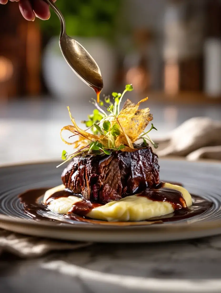 Chef plating beef loin with parsnip and vanilla purée on a white plate.