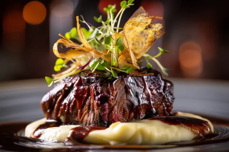 Beef loin with parsnip and vanilla purée on marble plate.