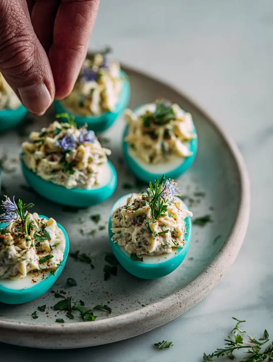 Filling turquoise deviled eggs with tuna mixture.