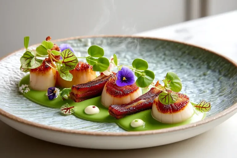 Seared scallops & crispy beef belly on green pea purée plated elegantly on a white dish.