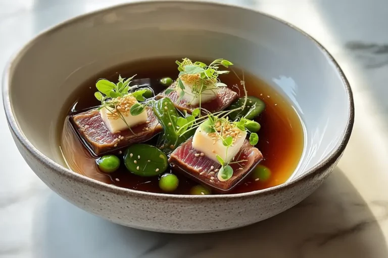 Beef Tataki served in umami dashi broth with tofu and spring greens