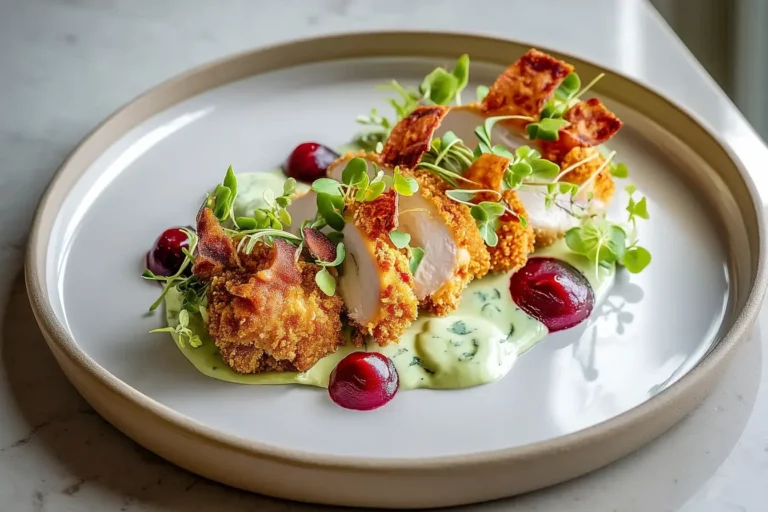 Crispy Chicken Breast with herb cream sauce and beetroot purée plated on marble.