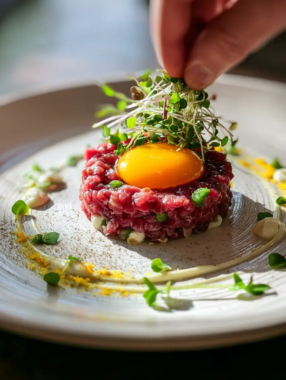 Assembling beef tartare with egg yolk and mustard aioli.