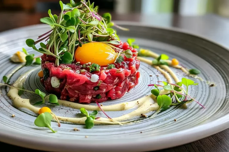Beef tartare with egg yolk and mustard aioli on marble countertop.