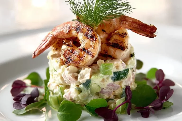 Crab Salad Tower topped with grilled shrimp and dill, served on a marble countertop.
