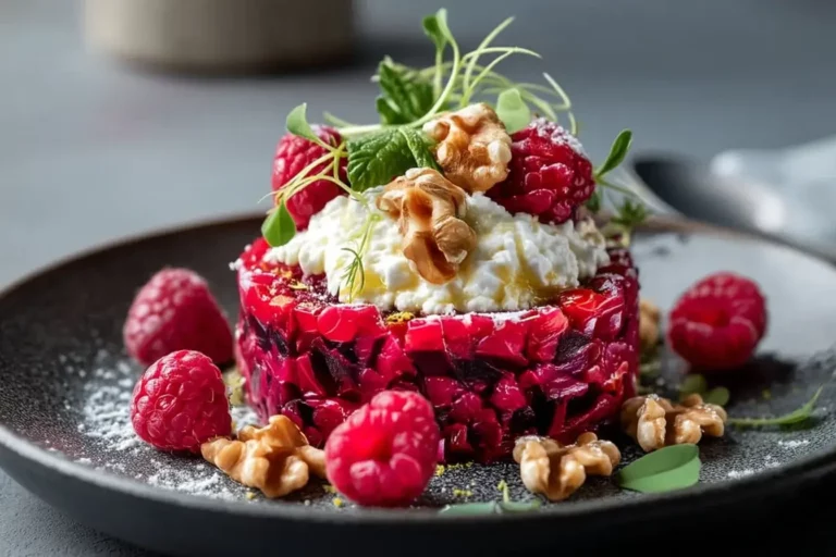 Elegant beetroot and raspberry tartare with whipped feta and walnut praline served on marble plate.