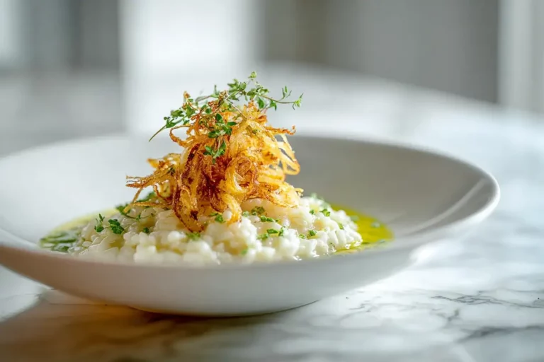 Parmesan Risotto with crispy leeks and thyme oil served on marble countertop