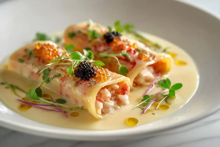 Langoustine Cannelloni with Lobster Bisque Sauce & Caviar on elegant white plate.