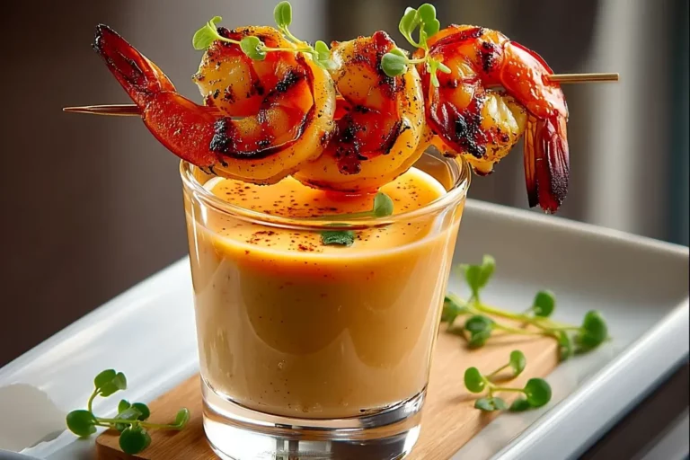 Grilled shrimp skewers with spicy cream sauce shooters on marble countertop.
