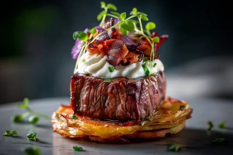 Tenderloin cube on potato crisp with horseradish cream and chive blossoms.
