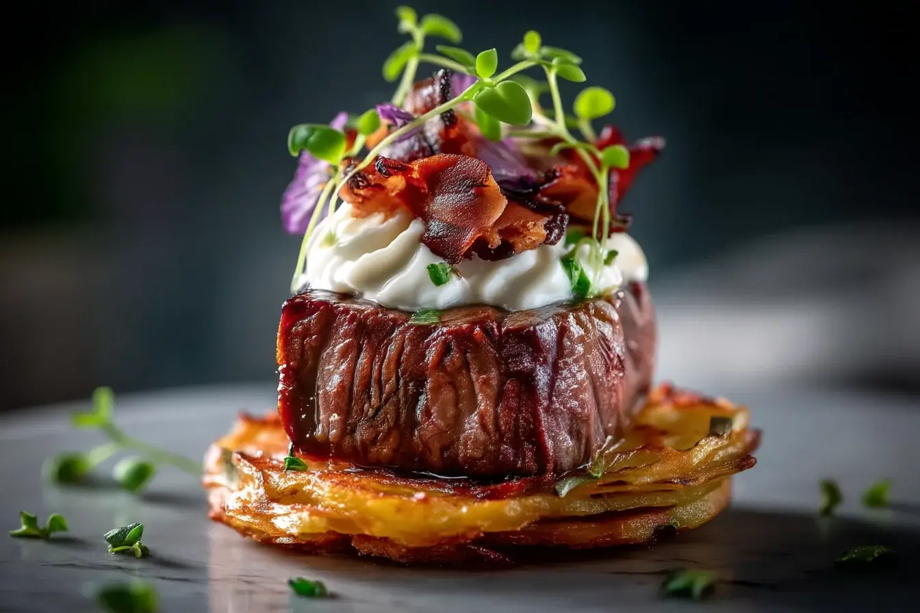 Tenderloin Cube on Potato Crisp with Horseradish Cream & Chive Blossoms