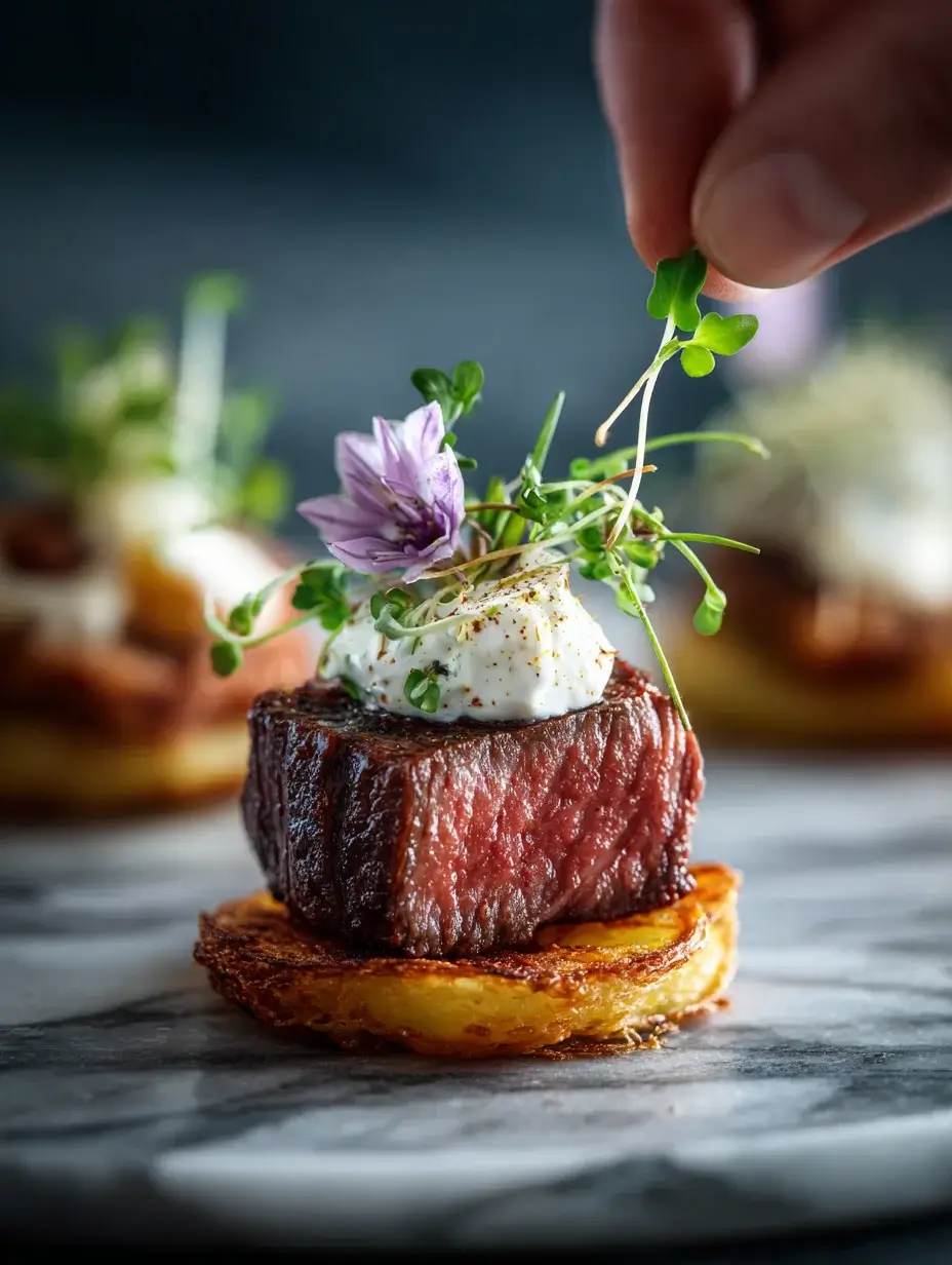 Assembling tenderloin cube on potato crisp with horseradish cream.