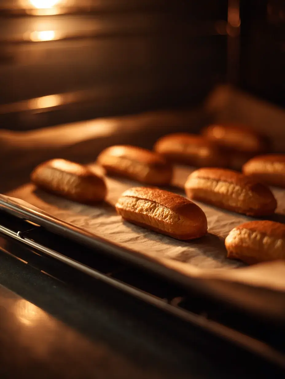 Mini éclairs baking until golden in the oven