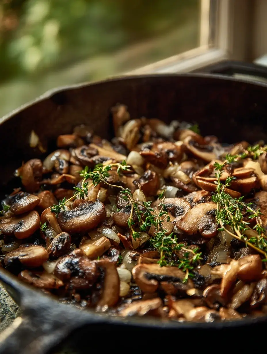 Mushroom duxelles cooking in skillet with thyme and garlic