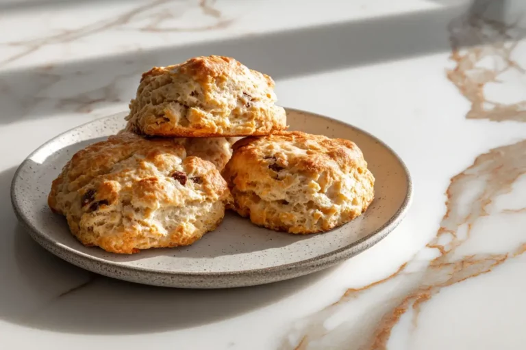Freshly baked cinnamon chip scones on a marble counter