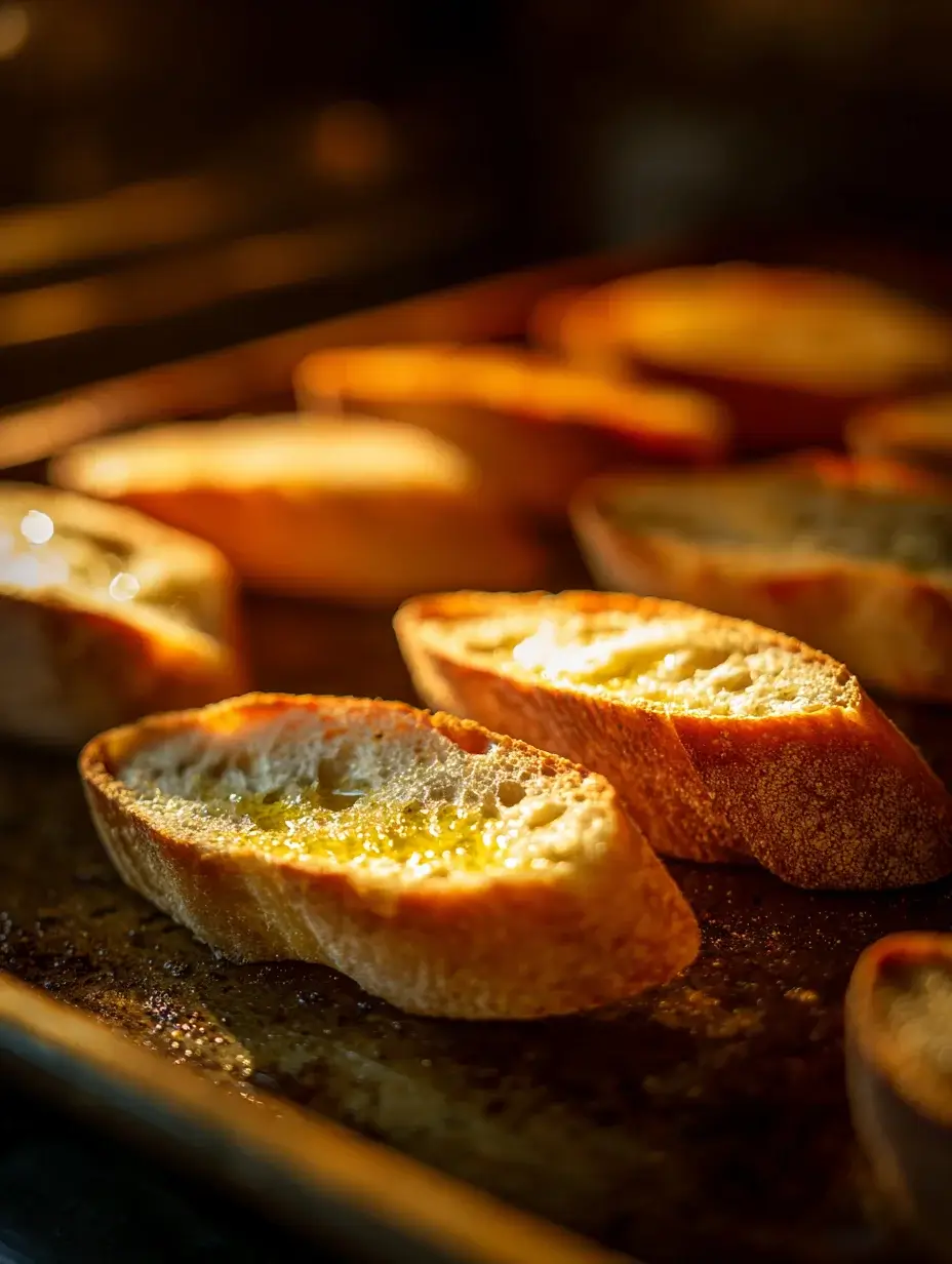 Golden toasted baguette slices for Gravlax Crostini