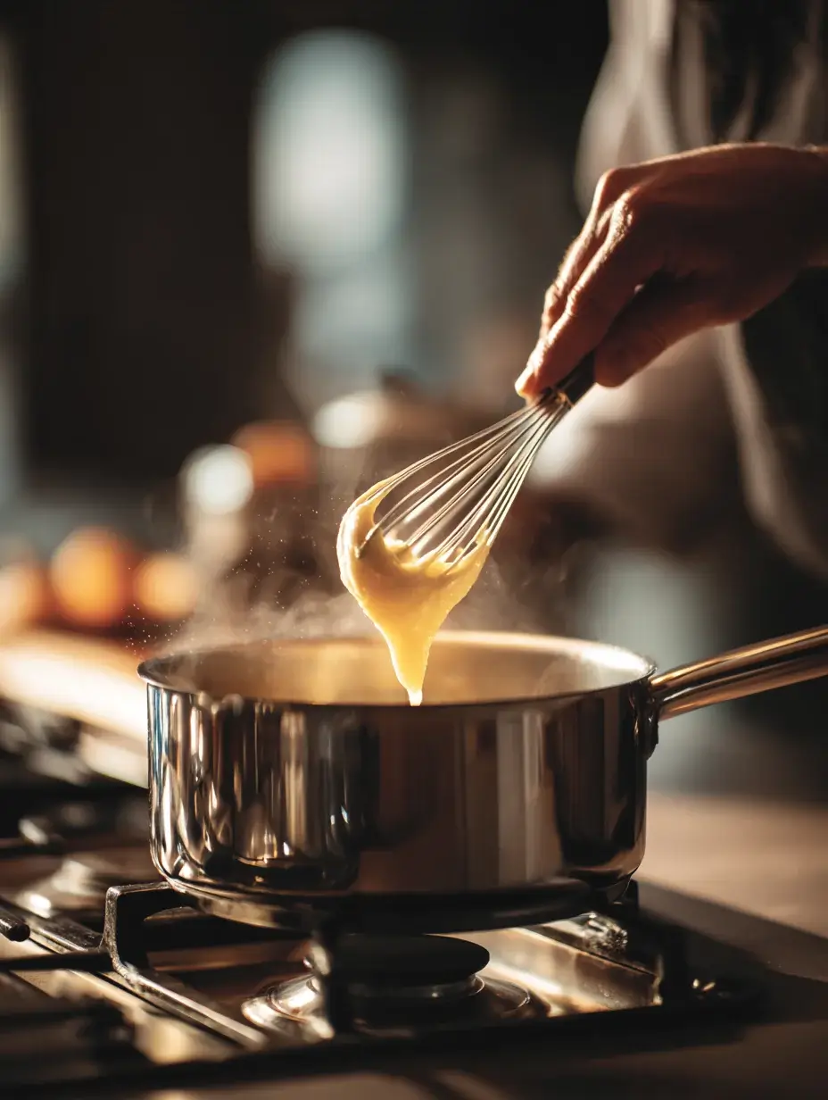 Whisking creamy polenta in saucepan on stove