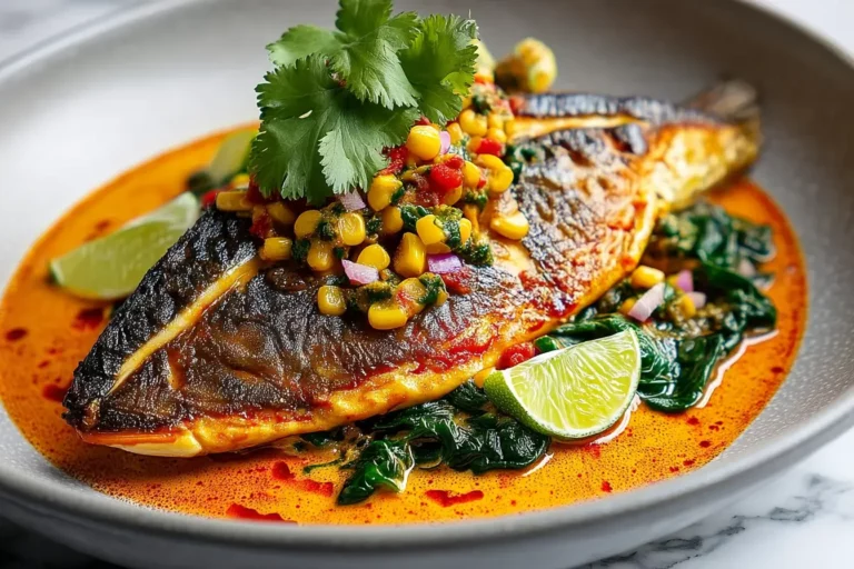 Pan-Fried Pompano with Spicy Coconut Sauce and Corn Salsa plated with lime wedges