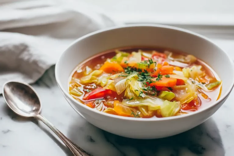 Bowl of Detox Cabbage Soup on marble countertop.