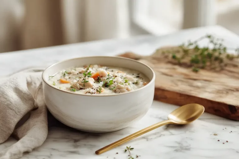 creamy chicken and rice soup elegantly served in a white bowl on marble counter