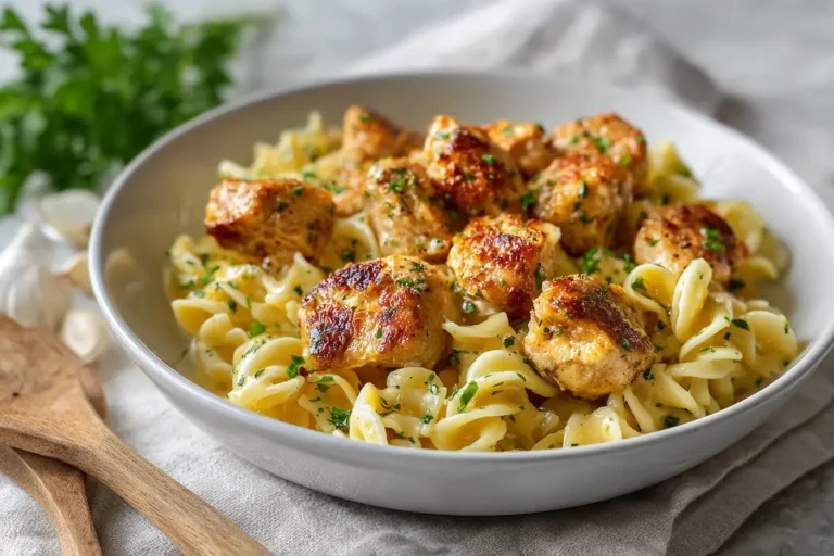 Garlic Butter Chicken Bites with Creamy Pasta on marble countertop