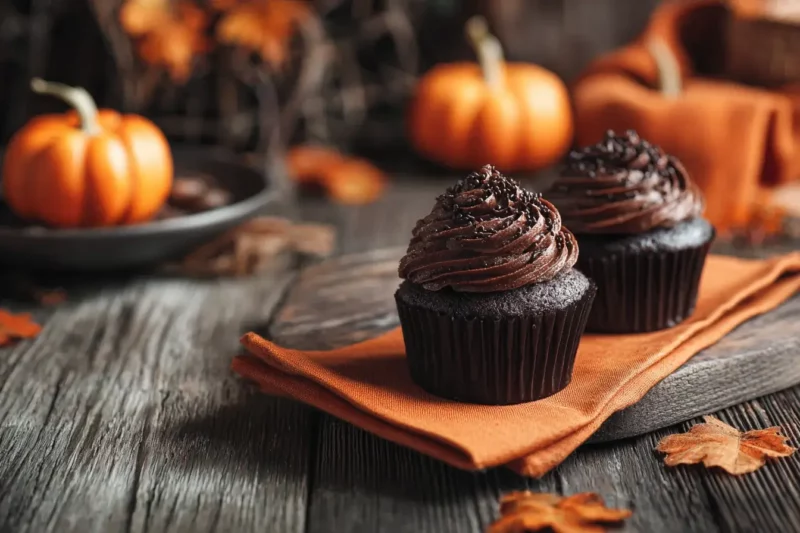 Halloween chocolate cupcakes topped with rich frosting and candy eyes