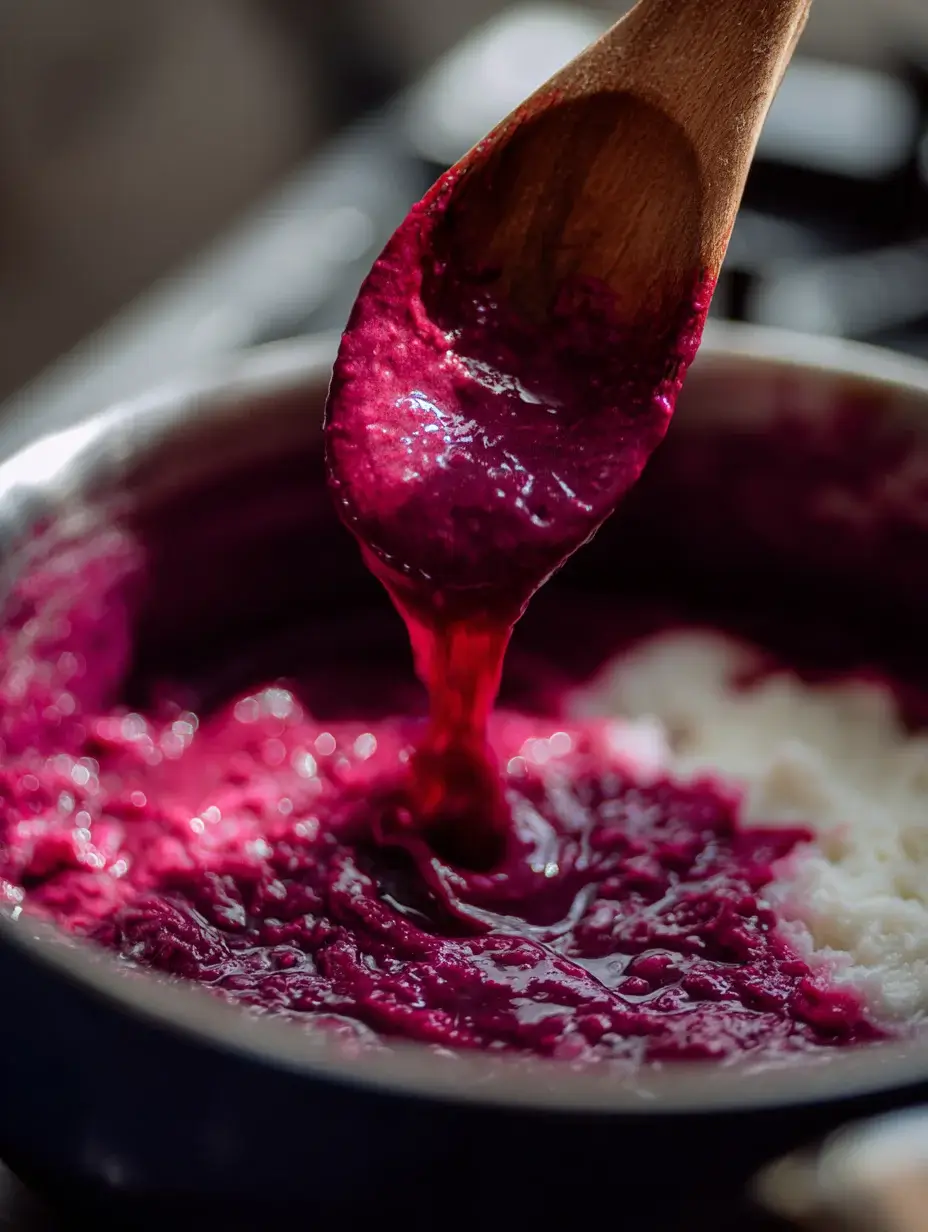 Adding beetroot purée to creamy risotto in a pan.