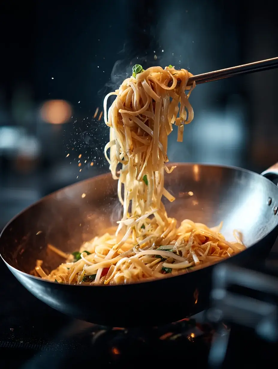 tossing Pad Thai noodles in wok with tamarind sauce.
