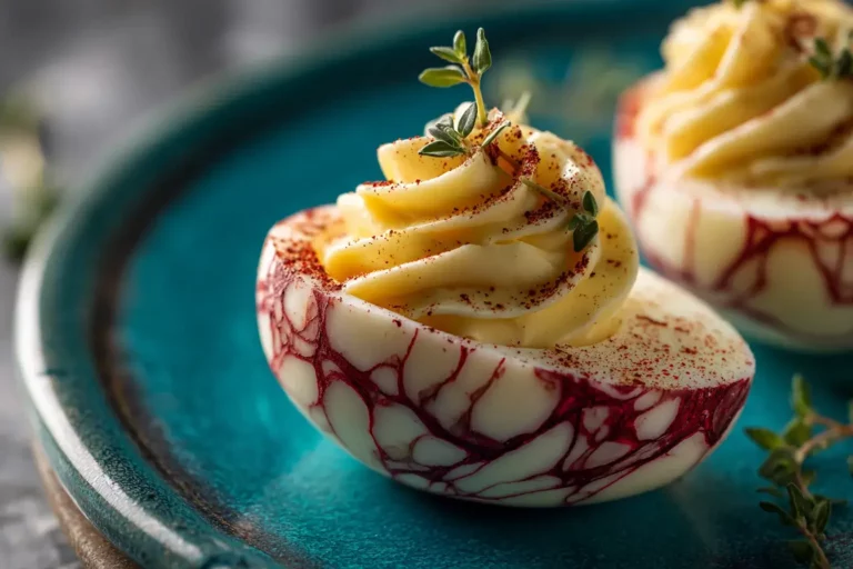 Marbled Dragon’s Blood Deviled Eggs on black platter