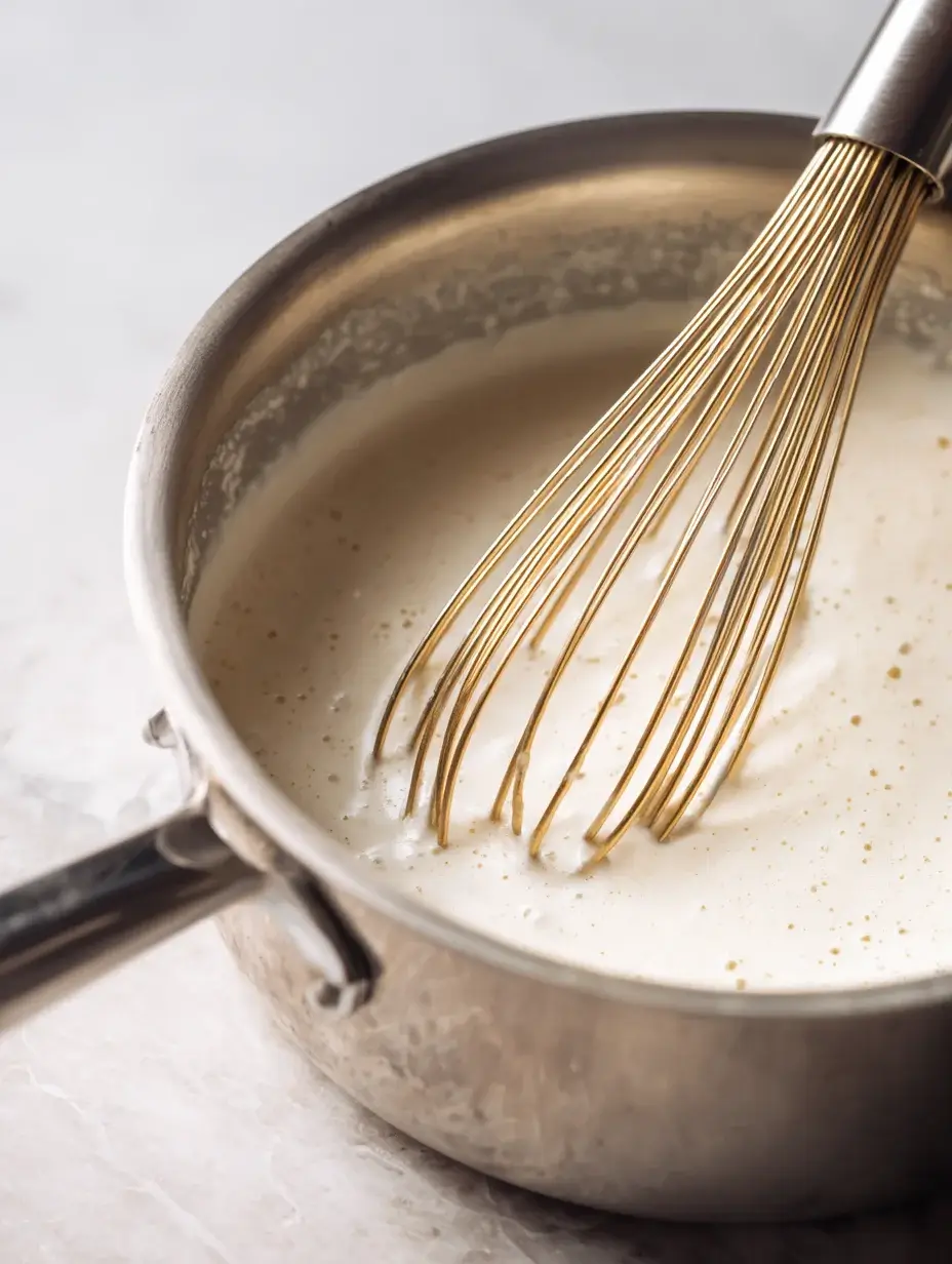 whisking cream into soup to make creamy chicken and rice soup base