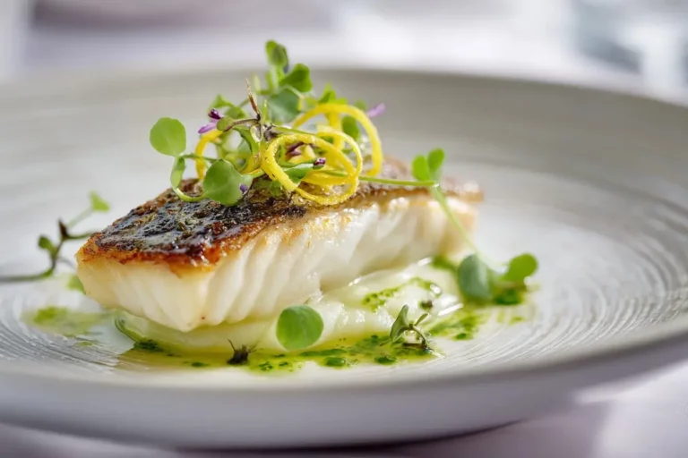 Pan-Seared Seabass with Cauliflower Purée and Lemon Verbena Oil on a white plate