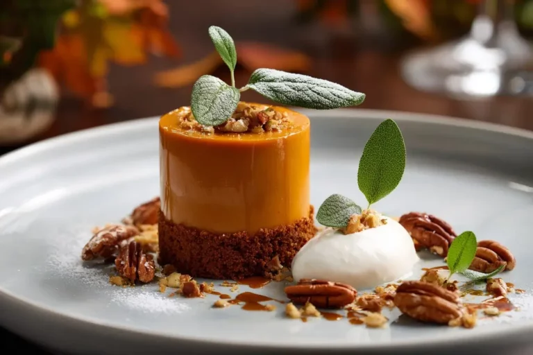 Pumpkin and Maple Cream Cylinder dessert with pecan crust and sage whip.