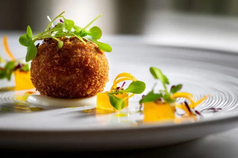 Duck confit croquette plated with orange gel and thyme essence