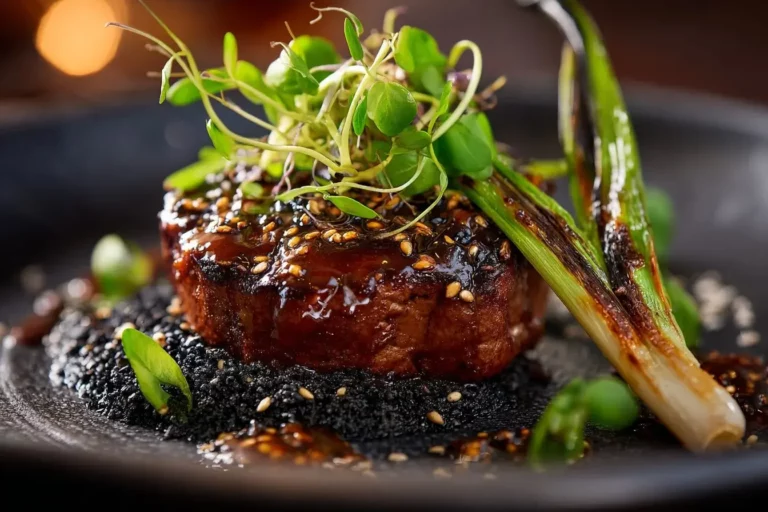 Wagyu beef with miso caramel glaze and sesame seed soil on black plate.