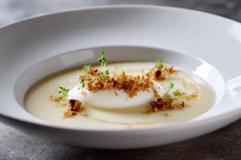 Amazing Onion Velouté with Roasted Apple Foam and Chestnut Crumb on marble counter.