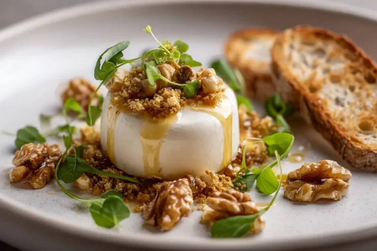 Brie mousse dome with walnut crumble and honey drizzle on a marble countertop