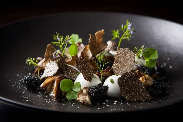 Mushroom Textures with Chestnut Air & Truffle Pebbles on dark plate.
