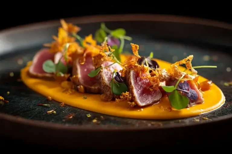 Duck Slice with Pumpkin Silk and Roasted Quince Essence on modern marble kitchen counter