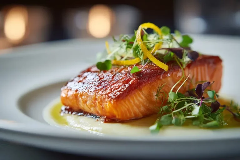 Seared salmon with caramelized leek purée and lemon dill mist on a marble countertop.
