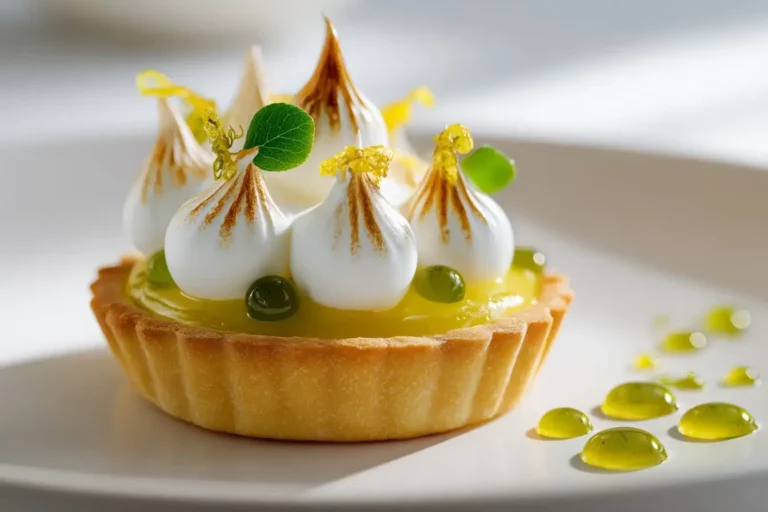 Citrus Blossom Tart with Lemon Cream, Basil Gel, and Meringue on a marble countertop